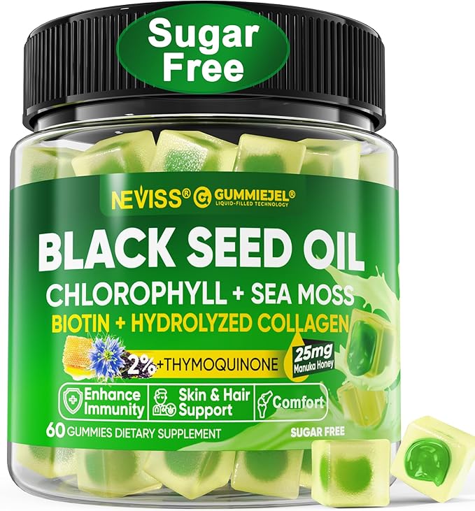Black Seed Oil Gummies for Adults &amp Kids 9+ Chlorophyll &amp Sea Moss Supplement Biotin with Hydrolyzed Collagen for Skin Hair &amp Nails Vit E C Zinc for Immune Overall Health Organic C