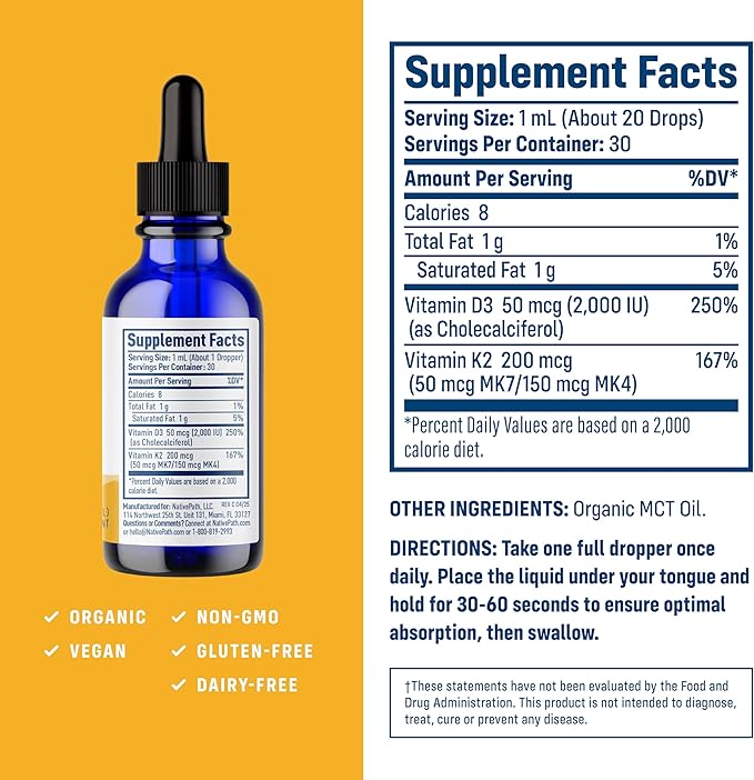 NativePath D3K2 Tincture – 2000IU Vitamin D3 and Vitamin K2 Supplement with Organic MCT Oil – 1 Fluid Ounce – Rapid Bioavailability Multi-Vitamin for Bone Strength and Total Body Wellness 30 Servings