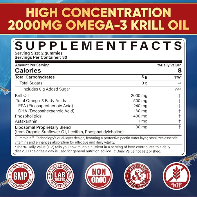 Liposomal Antarctic Krill Oil Omega 3 Gummies 2000mg - Cellular Level Absorption Omega-3 with EPA DHA &amp Astaxanthin - Antioxidant &amp Brain Support - Fish Oil Supplements Alternative - 60 Count