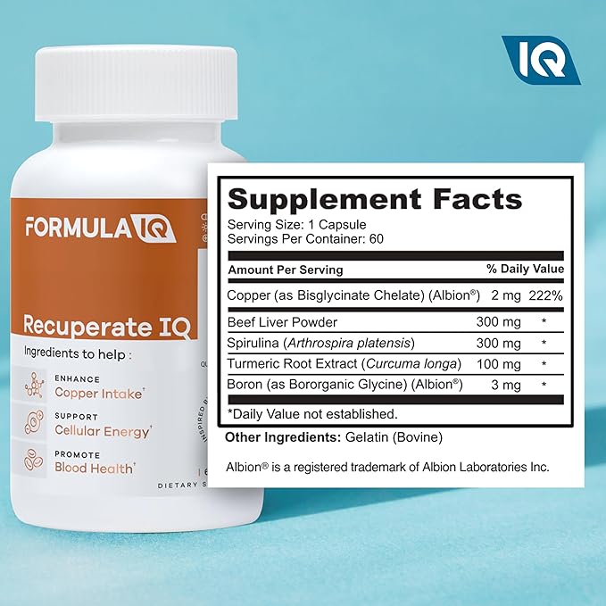 Formula IQ - Recuperate IQ - 5-in-1 Copper Supplements with Copper Bisglycinate - Easy-to-Swallow 2 mg Capsules - High Absorption Boosts Energy - 60 Capsules