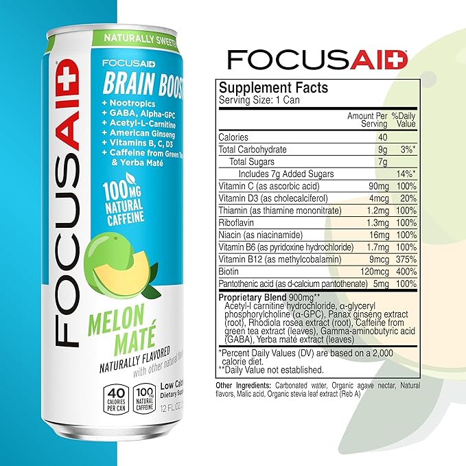 FOCUSAID Energy Blend Nootropics Drink for Brain Fuel Alpha-GPC GABA B-Complex Yerba Mate Green Tea 100% Clean100mg Natural Caffeine 12 Fl Oz (Pack of 24)