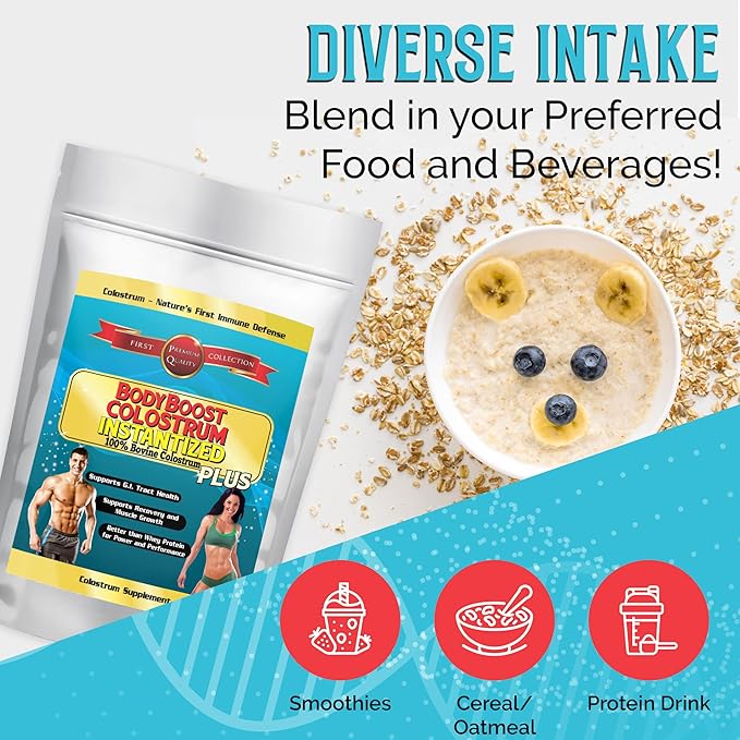 BodyBoost Colostrum Instantized 99.5% Bovine Colostrum Powder Immune Booster Supplement with Immunoglobulin &amp Lactoferrin Grass Fed Colostrum Food for Gut Health Diverse Intake 2 x 16 oz