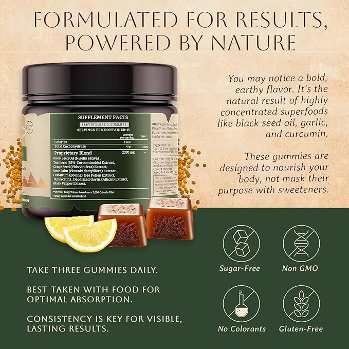 Horus Quintessence Elixir Black Seed Oil Gummies – Cold-Pressed Bee Pollen Date Palm Extract – Immune &amp Vitality Support – Sugar-Free – Made in USA – 45 Count