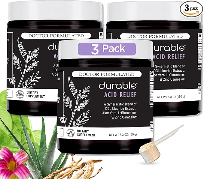 Durable Acid Relief – DGL &amp Aloe Vera – Supports Occasional Heartburn Indigestion &amp Reflux – Gut &amp Digestive Health – Doctor Formulated Vegan Non-GMO Made in USA – Powder 90 Servings