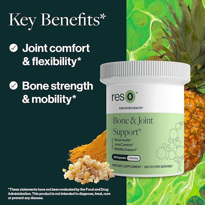 resO Bone &amp Joint Postbiotic for Women &amp Men - Natural Glucosamine &amp Chondroitin Supplement Joint Health Support Formula with Boswellia MSM &amp Vitamin D3 Gluten Free Non GMO - 60