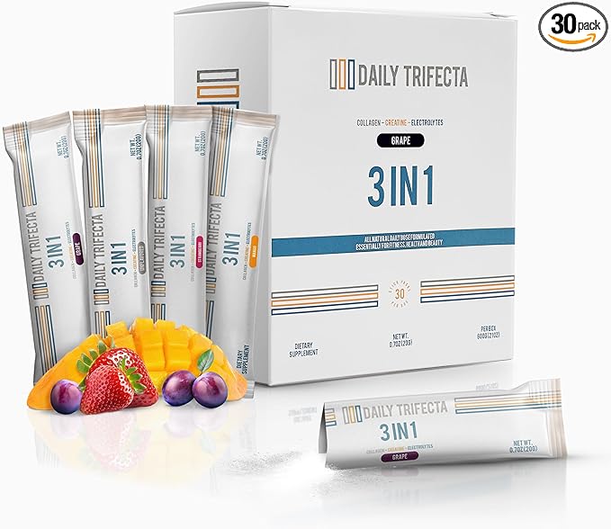 DAILY TRIFECTA 3-in-1 Collagen Creatine &amp Electrolyte Stick Packs | Type I Collagen Creatine Monohydrate Zero Sugar | 30 Natural Single-Serve Packets | Strength Hydration &amp Recovery (Straw