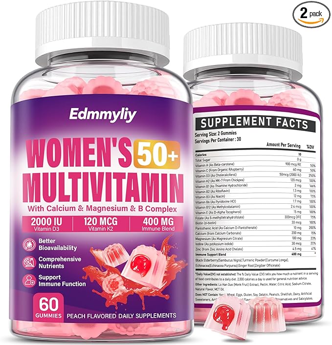 Womens Multivitamin Gummy 50 and Over - Chewable Multi Vitamin A C D3 E K2 &amp B Complex Folate Biotin Calcium Magnesium - Support Energy Immune &amp Over-All Health