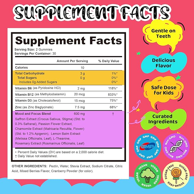 Q'ankyaq Kids Saffron Gummies Saffron Supplements for Kids (3 yrs+) Focus and Memory Gummiess Mood Balance with Rosemary Passion Flower Extract Chamomile Extract Sugar-Free Vegan 60 Counts