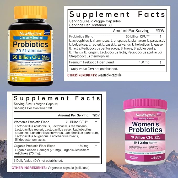 NewRhythm Gut &amp Feminine Health Bundle Probiotics 50 Billion CFU &amp Women's Probiotics 70 Billion CFU Daily Gut Health &amp Feminine Care 90 Capsules Total (Pack of 2)