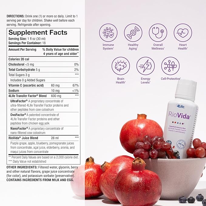 4Life Transfer Factor RioVida Tri-Factor Formula - Liquid Immune and Health Support with Vitamin C Elderberry Aronia Berry Macqui Blueberry and Acai - Single Pack