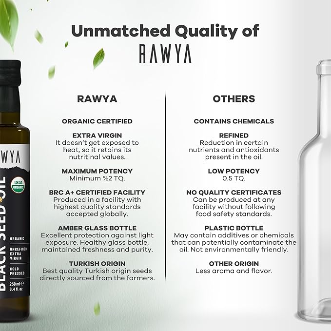 RAWYA Black Seed Oil - Organic Cold Pressed Nigella Sativa - Turkish Origin - USDA Organic - Natural Supplement - Black Cumin Seed Oil - Rich Flavor &amp High Concentration - 250ml Glass Bottle - 2 P