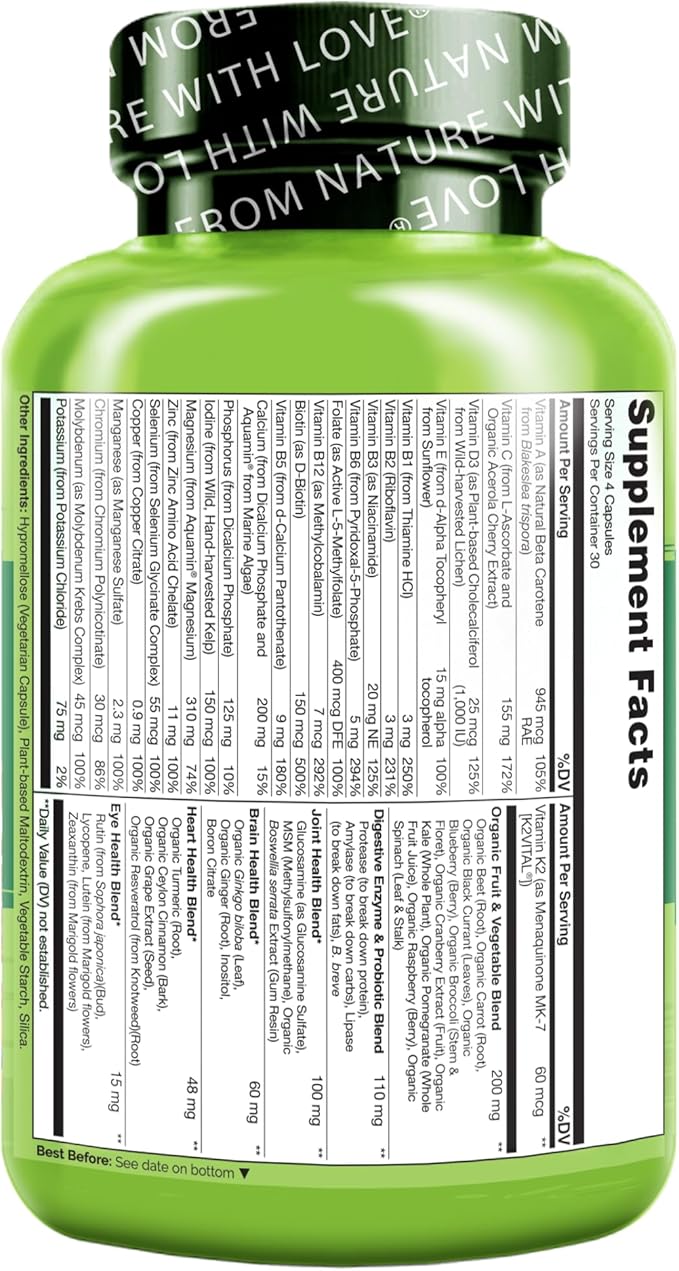 NATURELO Whole Food Multivitamin for Women 50+ (Iron Free) with Vitamins Minerals &amp Organic Extracts - Supplement for Post Menopausal Women Over 50 - No GMO - 120 Vegan Capsules