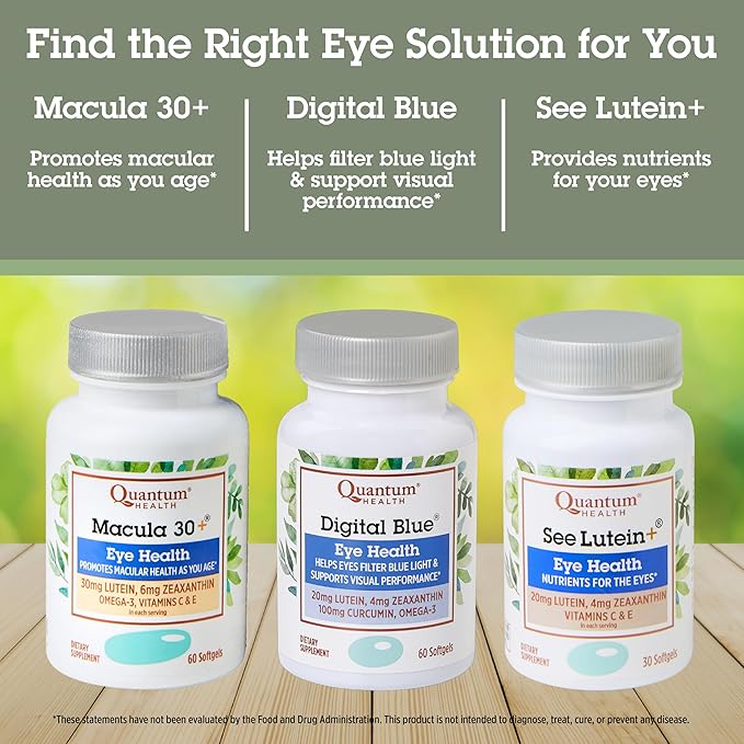 Quantum Health Macula 30+ Eye Health Supplement|Promotes Macular and Retinal Health as You Age|Formulated with Lutein Zeaxanthin Omega-3 and Vitamins C &amp E|60 Softgels 30 Day Supply