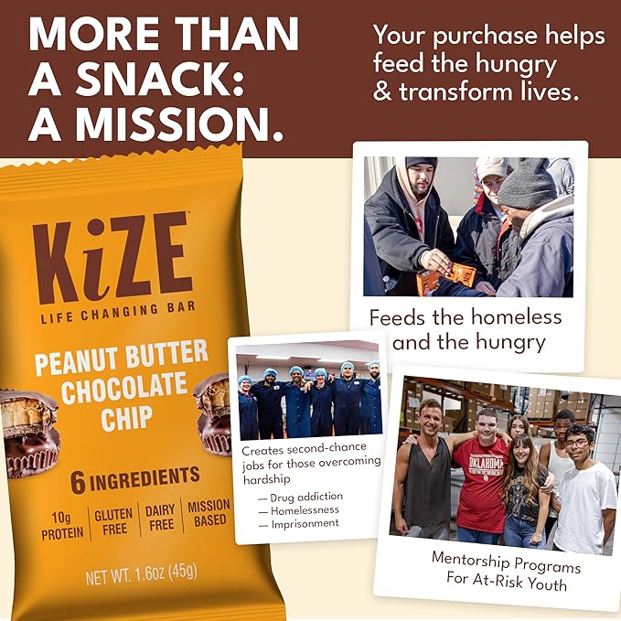 KiZE Energy Bars - Peanut Butter Chocolate Chip - 20-Count - Gluten Free Dairy Free Non-GMO and High Protein Meal Replacement Energy Bars Clean and Simple Food Ingredients - 10g High Protein Snack
