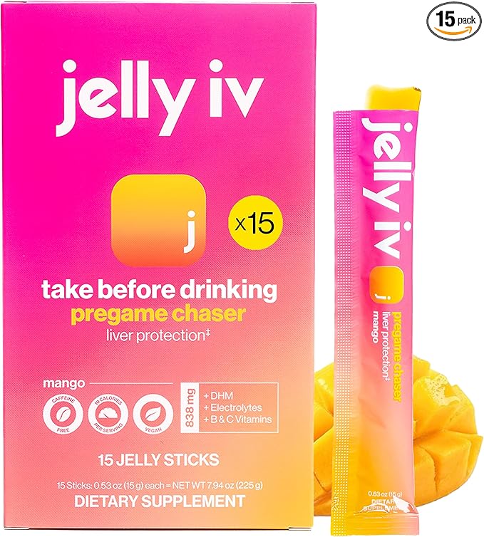 Fast Morning Relief Supplement Stick by Jelly IV - Natural Electrolytes &amp Liver Support Recovery - Nausea Reducing DHM - B Vitamins - Plant-Based Flavored Jelly Sticks - 15 Pack