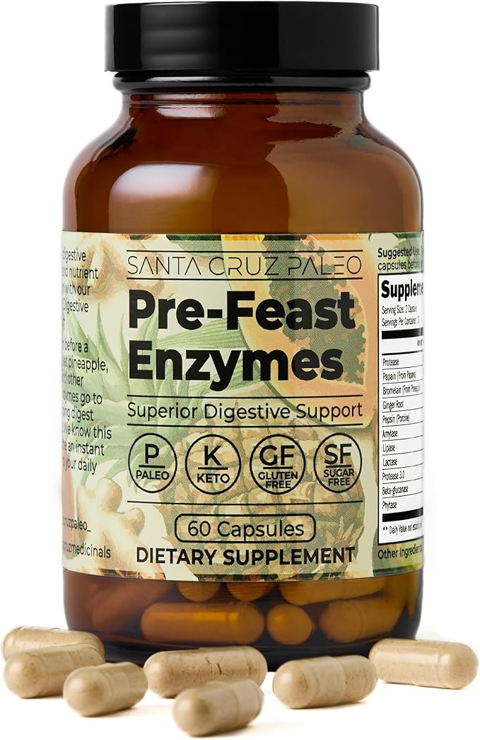 Santa Cruz Paleo Pre-Feast Digestive Enzymes Supplement Multi Enzyme for Women and Men Fiber Supplement for Gut Health &amp Digestive Health Gluten Free Keto Paleo Sugar Free 60 Capsules
