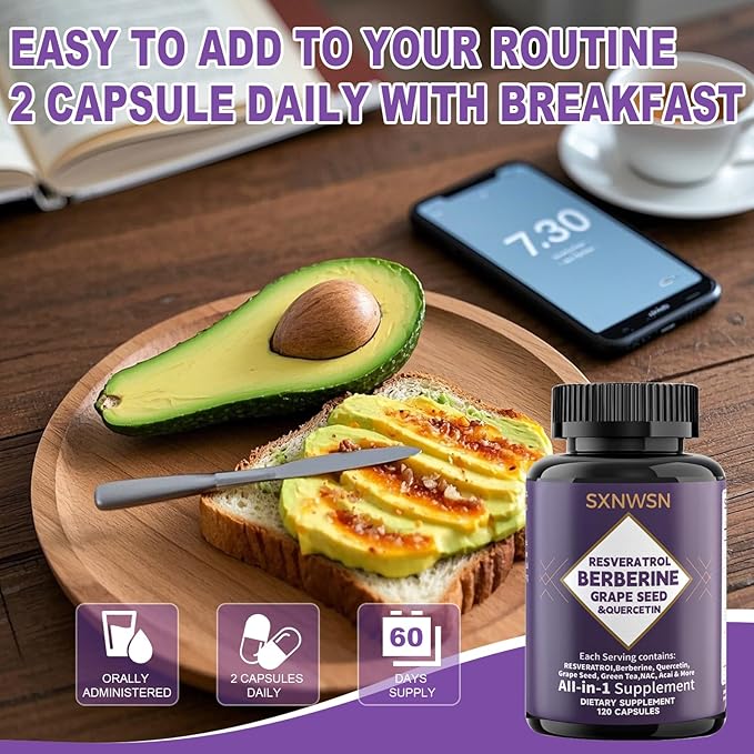 Resveratrol &amp Berberine Complex 120 Capsules - Antioxidant Support with Grape Seed Quercetin &amp NAC Promotes Healthy Cellular Function &amp Metabolism