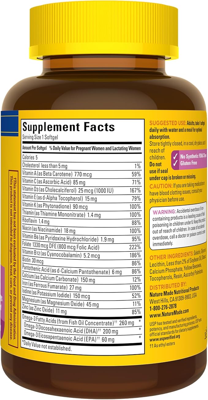 Nature Made Prenatal Vitamins for Women with Folic Acid + DHA Prenatal Vitamin and Mineral Supplement for Daily Nutritional Support 110 Softgels 110 Day Supply