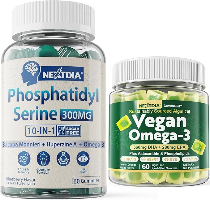 Vegan Omega 3 Gummies 1 Pack + Phosphatidylserine Gummies Sugar Free 2 Pack