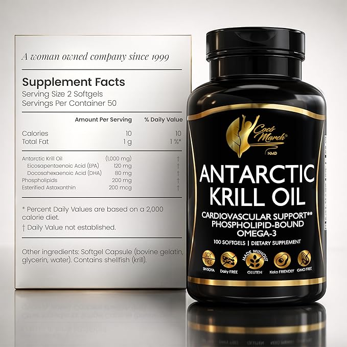 Cocó March N.M.D Pure Antarctic Krill Oil 1000mg – Omega 3 Fish Oil Supplement with EPA DHA Choline &amp Astaxanthin – Fast Absorption Immune Heart &amp Joint Support for Men &amp Women – 100 S
