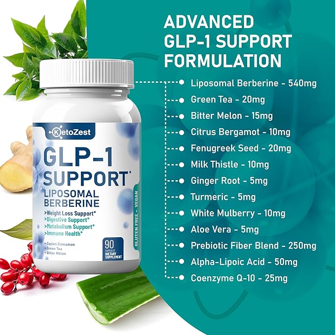 GLP-1 Support Weight Loss Supplement - 15-in-1 GLP1 Support for Weight Management Appetite Suppressant Fat Burn for Women Men - with Liposomal Berberine HCl Bitter Melon Citrus Bergamot