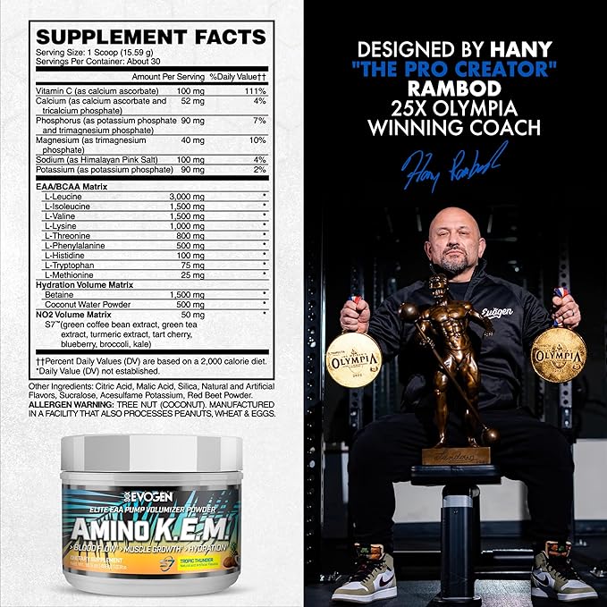 Evogen Amino K.E.M. - EAA &amp BCAA Powder Pump Volumizer | BCAAs Amino Acids Supplement for Blood Flow Muscle Growth &amp Hydration | Tropic Thunder | 30 Servings