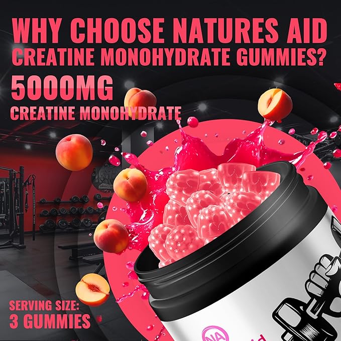 Natures Aid NSF Certified Creatine Gummy 5g - Creatine Monohydrate Gummies – Pre-Workout Energy &amp Muscle Growth Support for Men &amp Women | Peach Electrolyte Gummies (135 Count)
