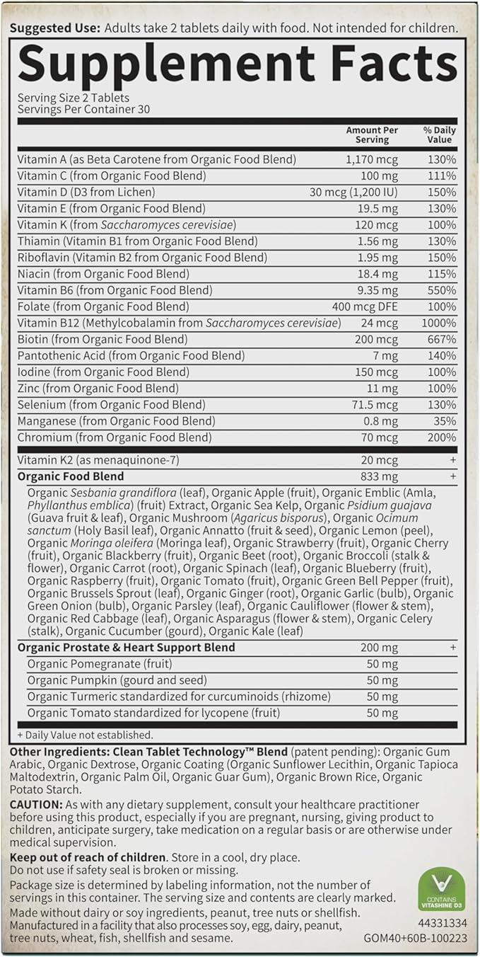 Garden of Life Organics Men's 40+ Multivitamin with Prostate Support B12 &amp Vitamins – Vegan Daily Whole Food Multivitamin Non-GMO Certified Organic 60 Tablets