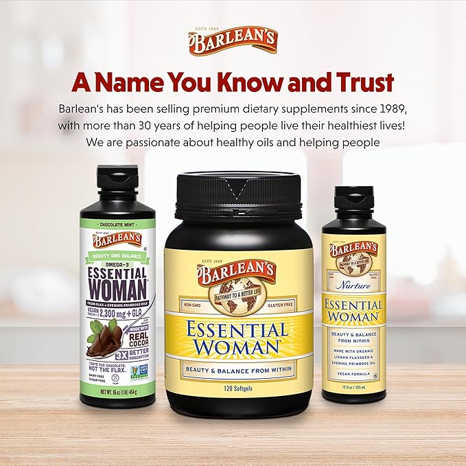 Barlean's Essential Woman Chocolate Mint Liquid Supplement from Flaxseed Evening Primrose Oil &amp Soy Isoflavones Omega 3 6 9 and GLA Hormonal Balance &amp Healthy Hair and Skin 16 oz