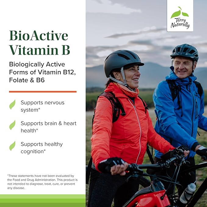 Terry Naturally BioActive Vitamin B - Aid Heart Health with Bioactive B Vitamins - Supplement with Folate &amp Calcium - B Complex Vitamin to Aid Nervous System Function - 60 Capsules