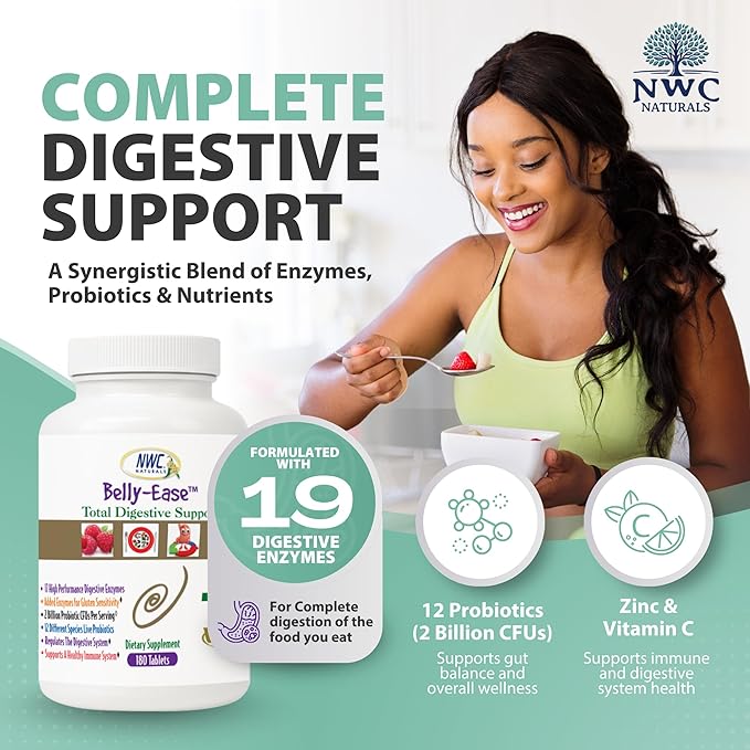 NWC Naturals Belly-Ease Healthy Digestive Enzymes Plus Prebiotics &amp Probiotics Essential Enzymes Vegetarian Better Digestion Full Spectrum Digestive Solution - 180 Count Chewable Tablets