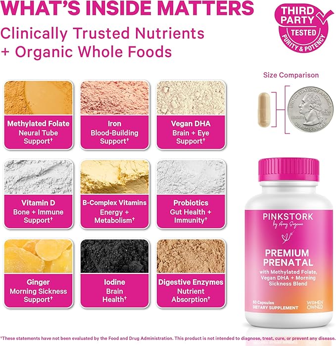 Pink Stork Premium Prenatal Vitamin for Women - Multivitamin &amp Probiotics - Morning Sickness Digestion &amp Energy - Folate B6 &amp Iron - 60 Capsules - 2 Pack