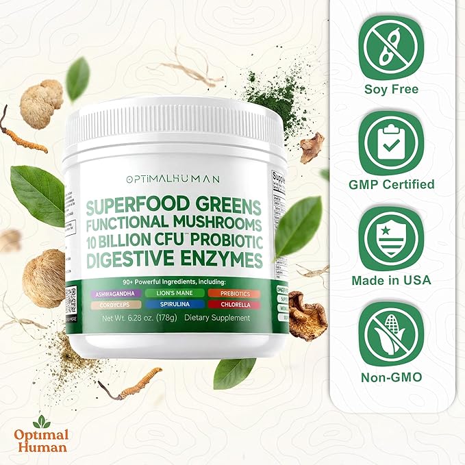 Optimal Human Superfood Greens Powder – 90+ Ingredient Blend with Lion’s Mane Supplement Ashwagandha &amp Turmeric – Non-GMO Soy-Free Mushroom Supplements for Women - 6.28 oz