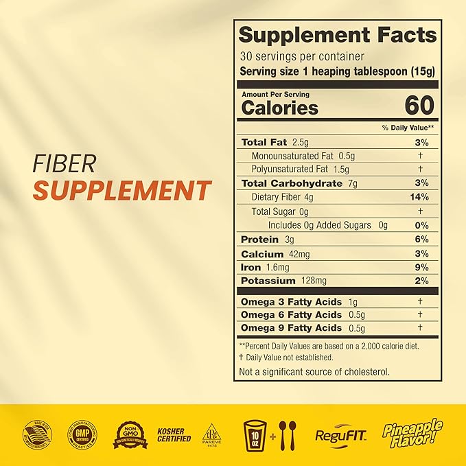 Plant-Based Fiber Blend Powder – Daily Fiber Supplement with Flaxseed Soluble &amp Insoluble Fiber for Digestive Balance &amp Regularity Natural Pineapple Flavor 30 Servings (450g)