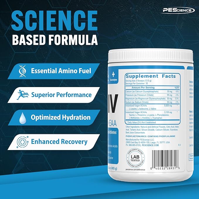 PEScience Amino IV BCAA &amp EAA Powder Essential Amino Acids Taurine Electrolytes for Hydration and Muscle Recovery Sugar Free for Men &amp Women Post Workout - Sour Green Apple 30 Servings