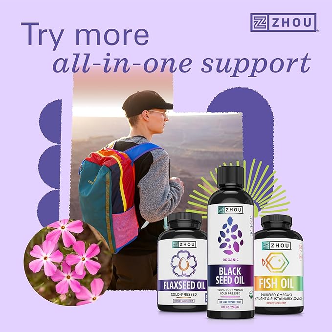 ZHOU Black Seed Oil &amp Elderberry Gummies with Vitamin C &amp Zinc - Black Cumin Seed Oil Cold Pressed Nigella Sativa Daily Immune Support Supplement for Women &amp Men - Pack of 2 8 fl oz + 6