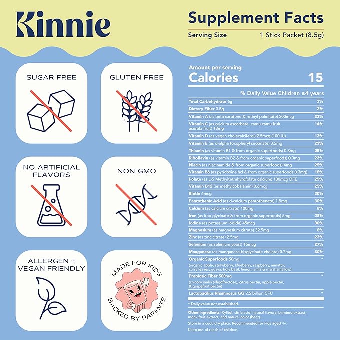Kinnie Kids Multivitamin with Pre/Probiotic &amp Organic Superfoods for Kids - 22+ Vitamins &amp Minerals - Sugar-Free Orange Flavor - Immune Gut &amp Oral Health Support - Ages 4+ (30 Sticks)