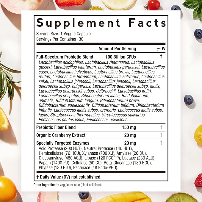 Doctor's Recipes Probiotics for Women 100 Billion CFU 32 Strains with Prebiotic Enzymes &amp Cranberry Shelf Stable Delayed Release 30 Caps