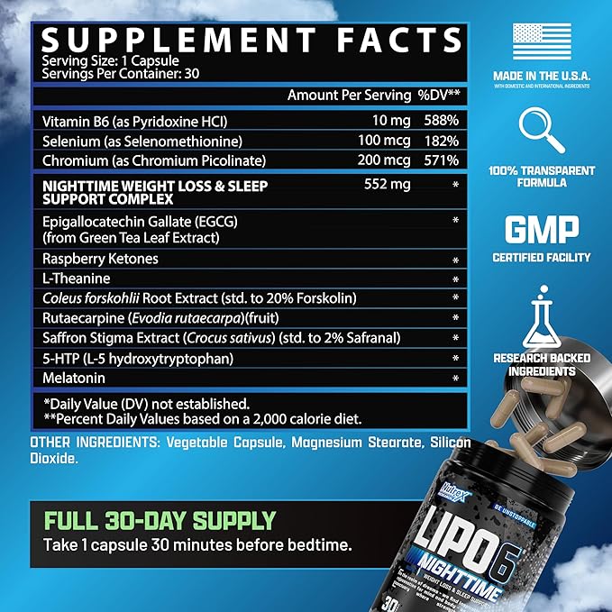 Nutrex Lipo 6 Nighttime Fat Burner | Melatonin Sleep Aid &amp Weight Loss Diet Pills for Men and Women | Night Time Metabolism Booster Appetite Suppressant | 30 Servings (1)