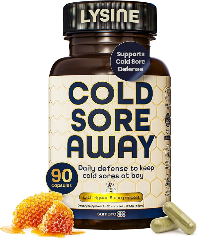 Samara 888 L Lysine Cold Sore Treatment Support Herbal Cold Sore Supplement w/Zinc Picolinate Olive Leaf Extract Beta Glucan &amp Bee Propolis for Skin &amp Lip Health 90 Capsules