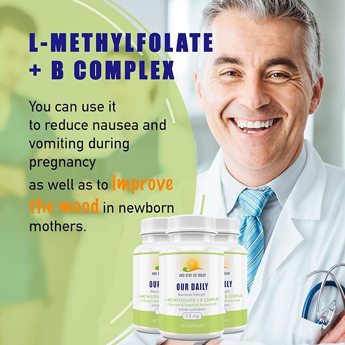 Our Daily Vites L-Methylfolate B Complex Cofactors &amp Essential Amino Acids (7.5mg) - Active Folate Methylated B12 Methylcobalamin B6 and Glycine - 60 Count