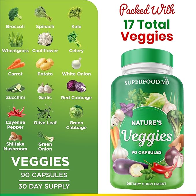 Superfood MD Veggies Supplement - 90 Veggie Capsules - Supports Energy Levels Beta Carotene Vitamins &amp Minerals - Soy Free - 90 Count