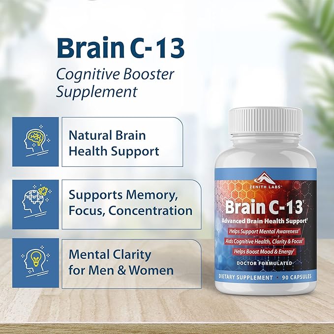 Brain C-13 Cognitive Booster Supplement by Zenith Labs - Natural Brain Health Support - Supports Memory Focus Concentration - Mental Clarity for Men Women