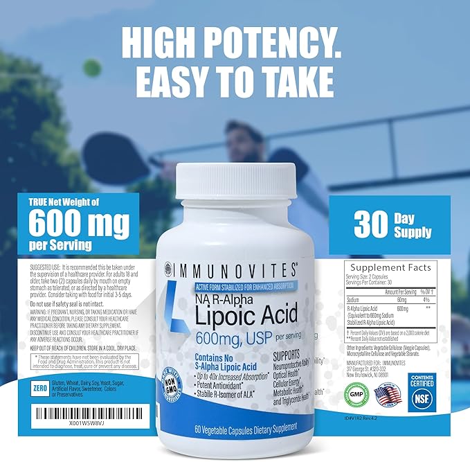 IMMUNOVITES Stabilized R-Alpha Lipoic Acid ((True)) 600mg per Serving [[High Potency &amp up to 40x Increased Absorption]] (Na R-ALA) (Na R-LA) (Na R-Lipoate) (1 Bottle)