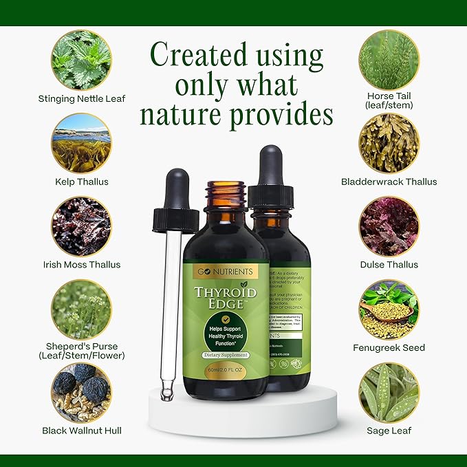 Go Nutrients Thyroid Edge – Thyroid Support for Women &amp Men - Natural Herbal Blend Supplement Rich in Iodine for Energy &amp Enhanced Wellness - High Absorbing Liquid Drops 2oz Bottle