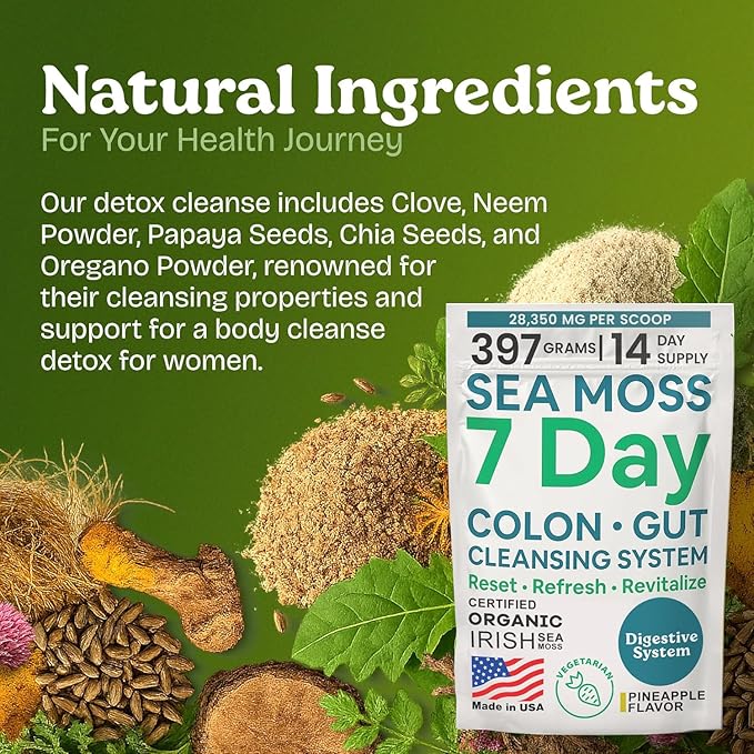 Atlantic Naturals Sea Moss 7-Colon Cleanse Powder | Formulated with Psyllium Husk Fiber &amp Senna Powder | Supports Immune &amp Gut Health for Women &amp Men Pineapple Flavor Drink Mix 14 oz