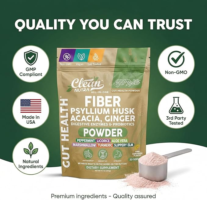 GutResto Fiber Supplement Psyllium Husk Powder Probiotic Gut Health Digestive Enzymes Prebiotic L-Glutamine Slippery Elm Aloe Vera Marshmallow Root Turmeric Ginger Peppermint by Clean Nutra 30 Svgs