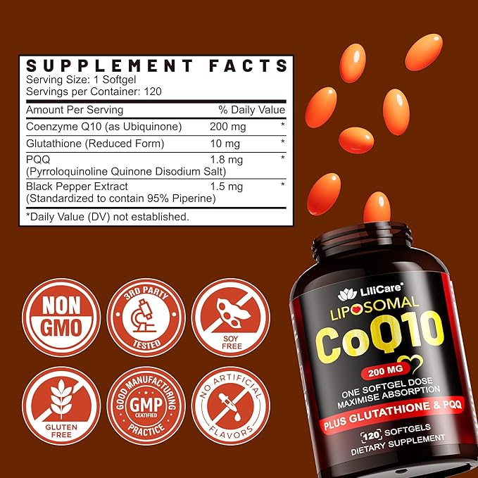 CoQ10-200mg-Softgels 120 Servings Liposomal CoQ10 PQQ &amp Black Pepper Extract for Maximum Absorption - Ultra Ubiquinone Coenzyme Q10 Supplement Powerful Antioxidant Supports Hear-t &amp Energy Bo