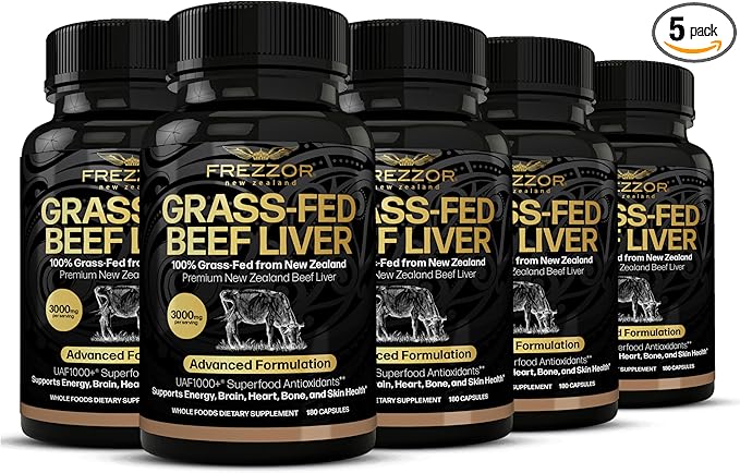 FREZZOR New Zealand 100% Live-Grass-Fed Beef Liver 900 Capsules Supports Energy Production Detoxification Digestion Immunity and Full Body Wellness Non-GMO 3000 mg per Serving