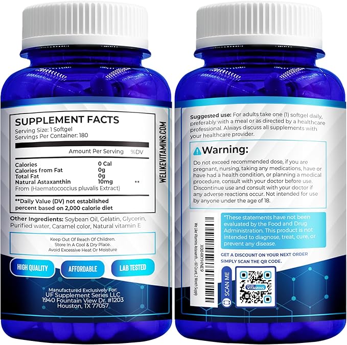 We Like Vitamins Astaxanthin 10mg Softgel - Highly Potent Astaxanthin Supplements from Haematococcus Pluvialis - Improves Eye Joint Skin Health &amp Energy Levels - 180 Servings 6 Month Supply